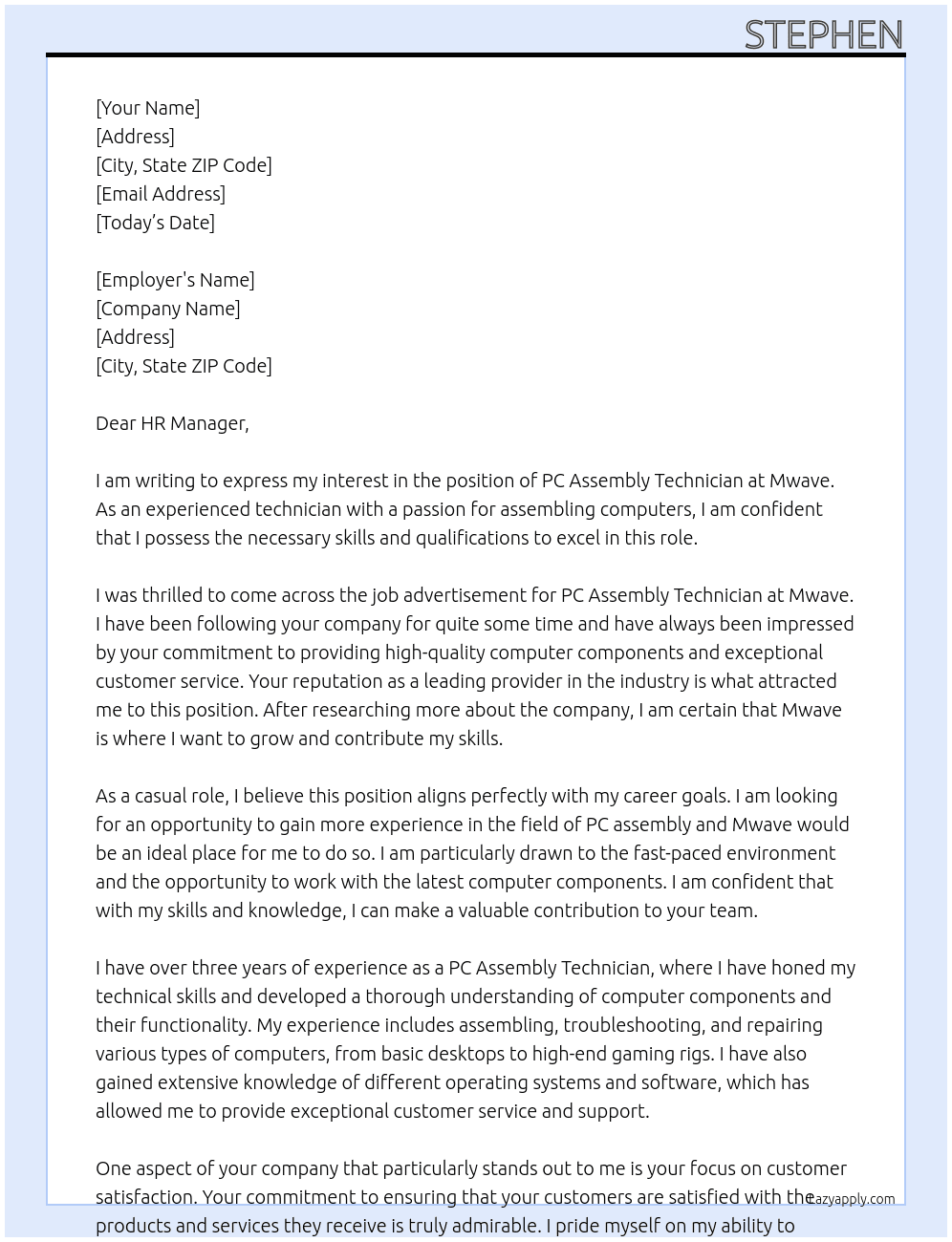PC Assembly Technician At Mwave Cover Letter