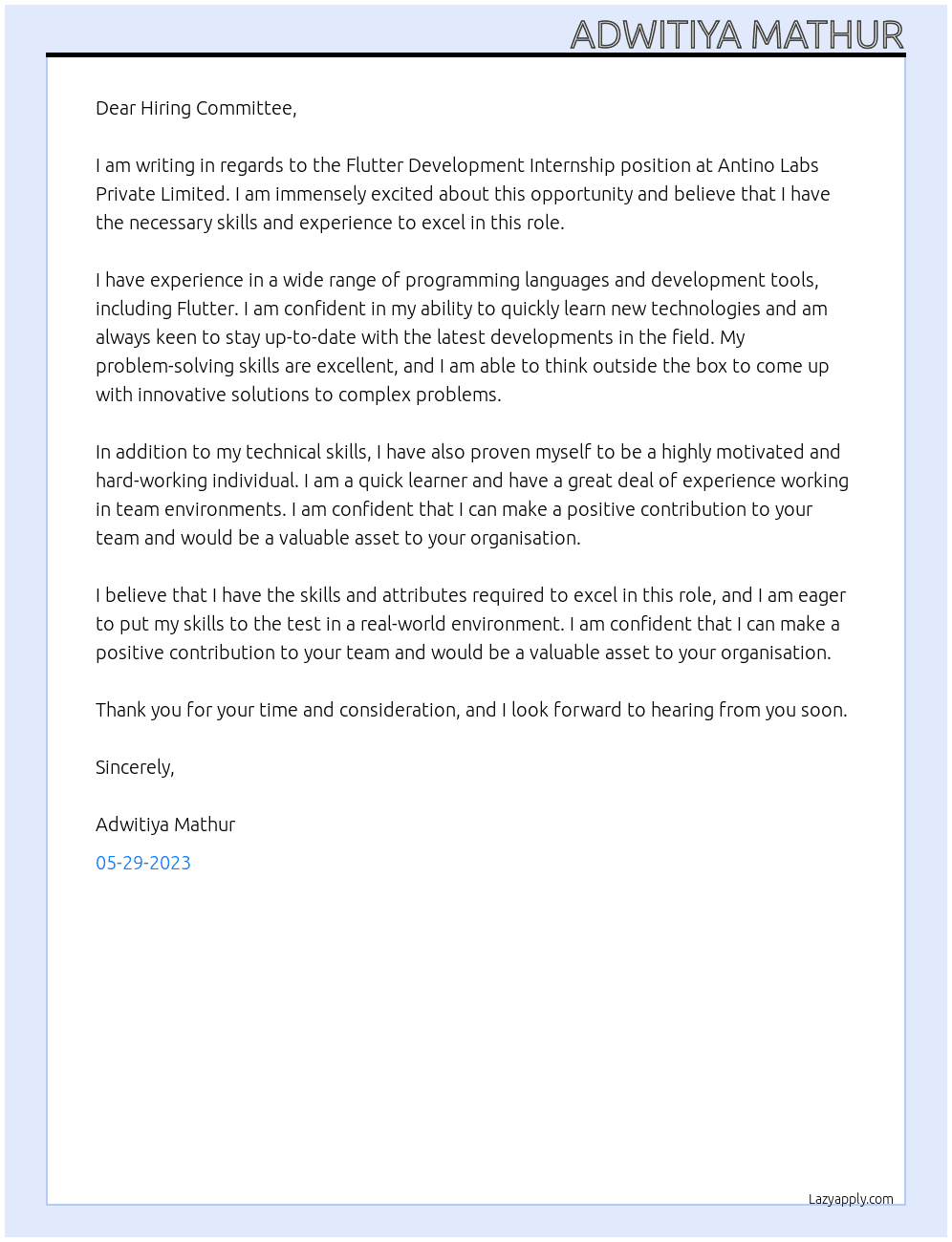 Flutter Development Internship At Antino Labs Private Limited Cover Letter
