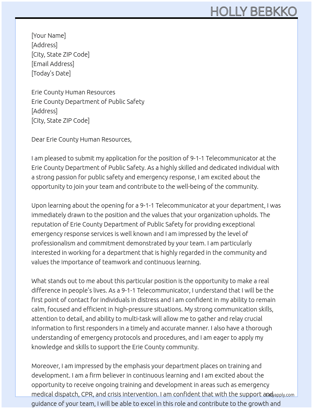 9-1-1 Telecommunicator At Erie County Department of Public Safety Cover Letter