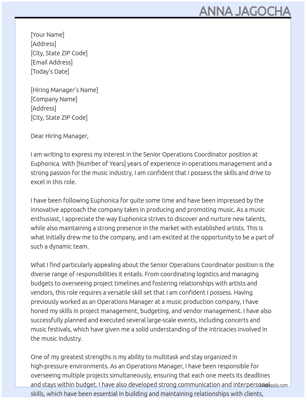 Senior Operations Coordinator At Euphonica Cover Letter