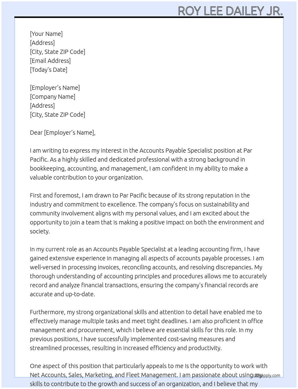 Accounts Payable Specialist At Par Pacific Cover Letter