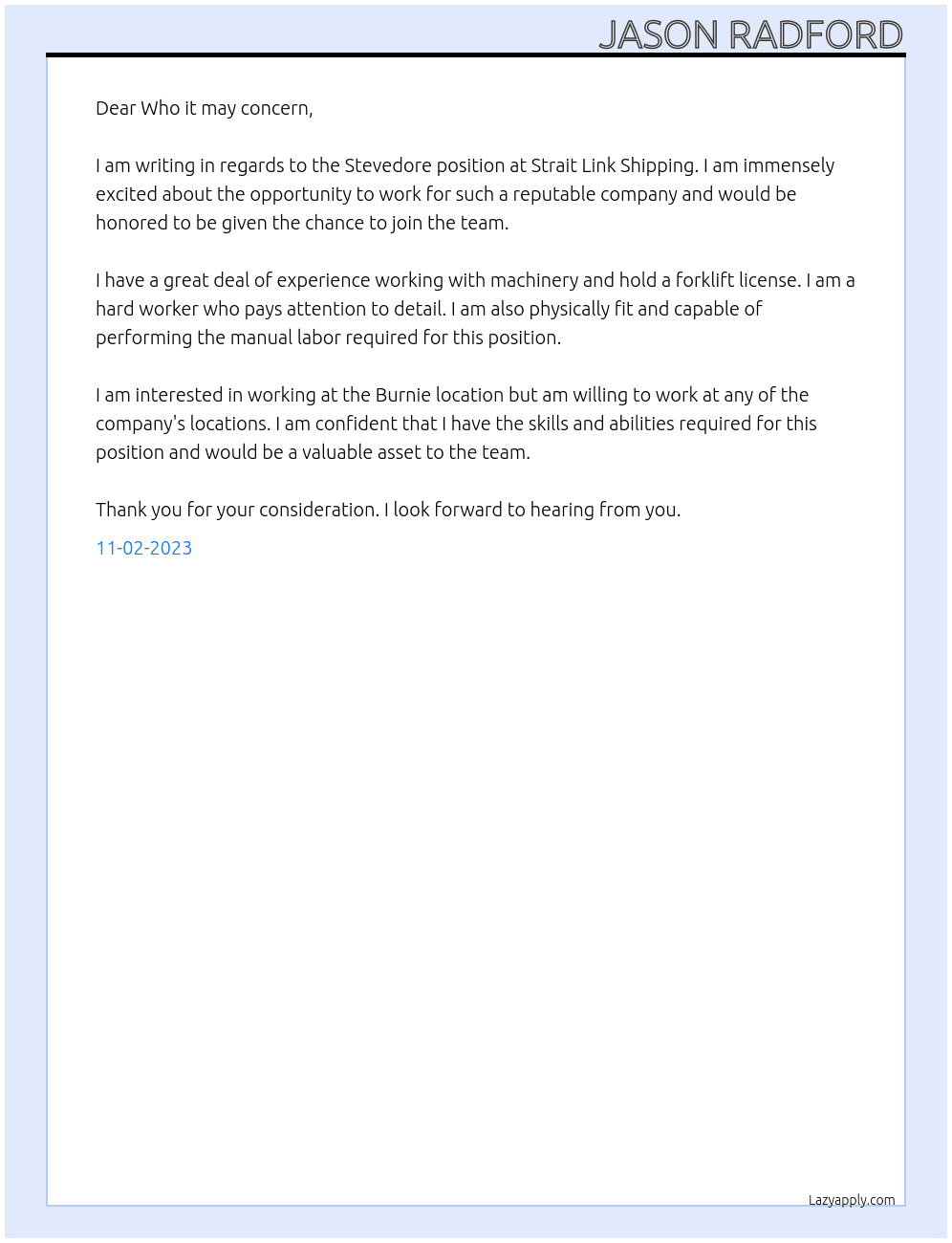 Stevedore At Strait Link Shipping Cover Letter