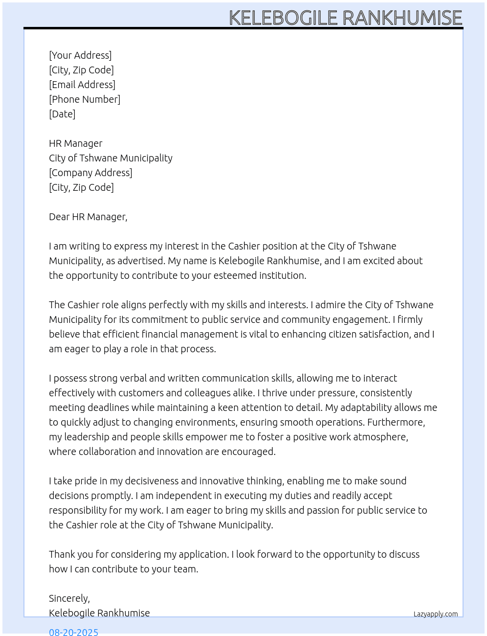 cashier At  City of Tshwane municipality Cover Letter