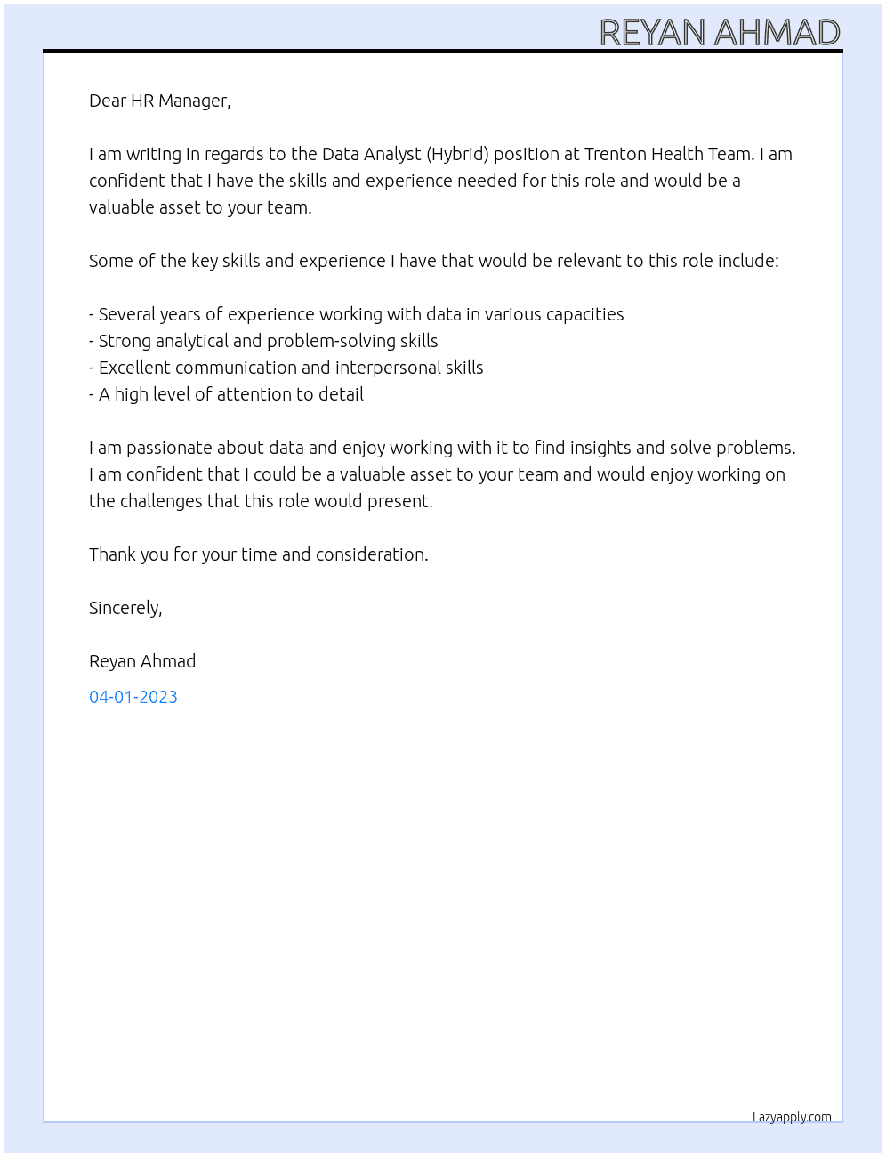 Data analyst(Hybrid) At Trenton Health Team Cover Letter
