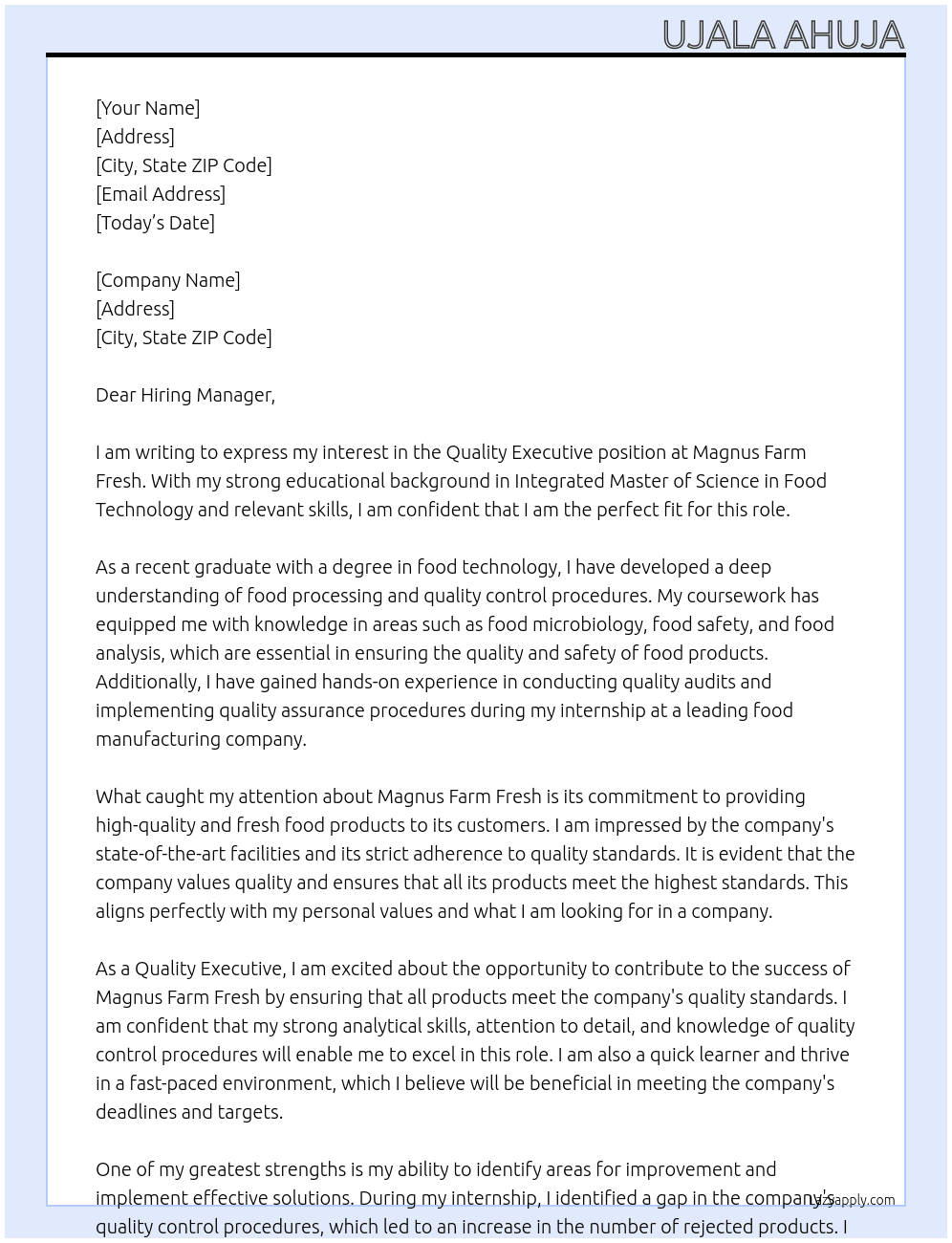 Quality Executive At Magnus Farm Fresh Cover Letter