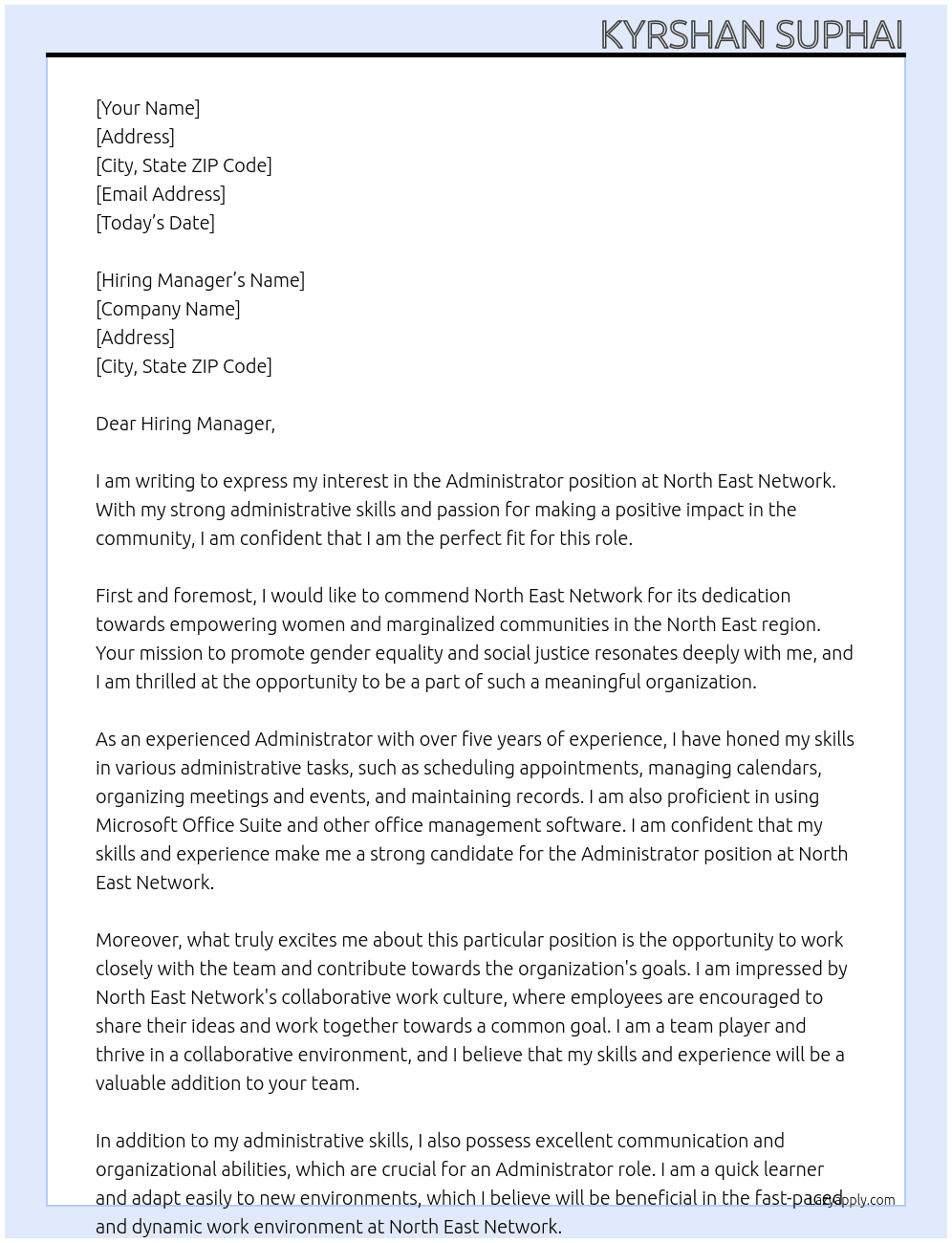 Administrator  At North East Network  Cover Letter