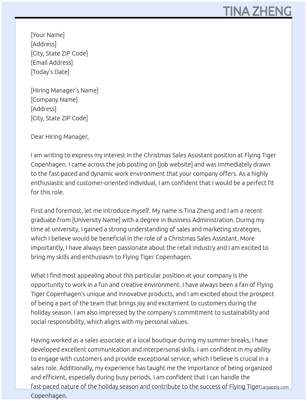 Christmas Sales Assistant At Flying Tiger Copenhagen Cover Letter