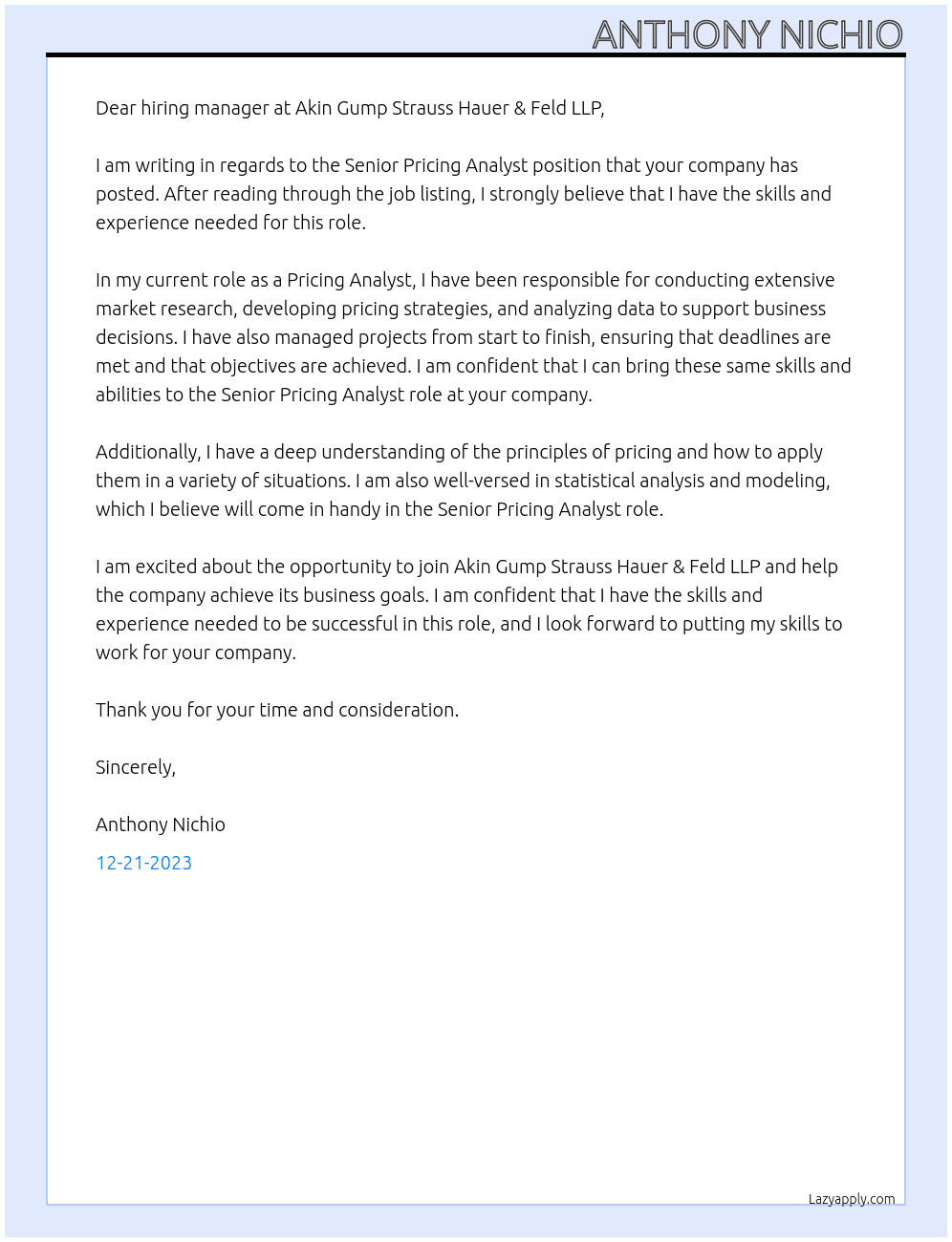 Senior Pricing Analyst At Akin Gump Strauss Hauer & Feld LLP Cover Letter