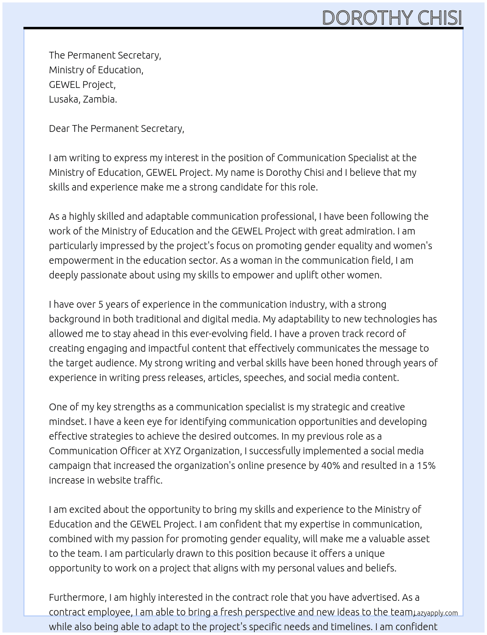 Communication Specialist At Ministry of Education,GEWEL Project Cover Letter