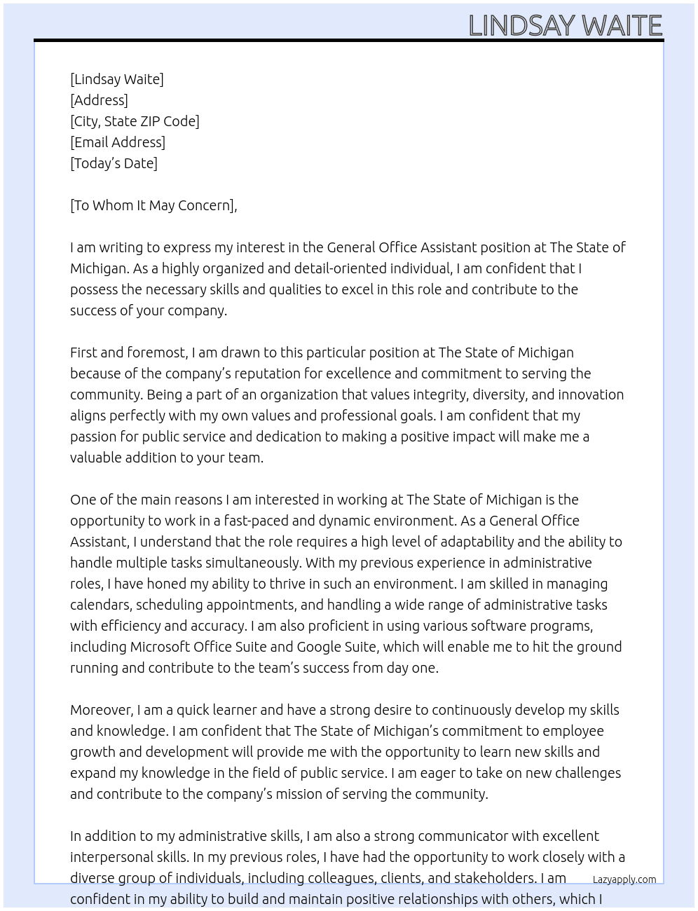 General office assistant  At The state of Michigan  Cover Letter