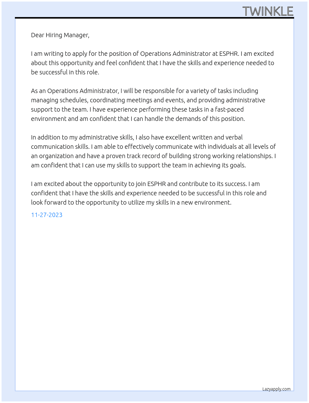 Operations Administrator At ESPHR Cover Letter