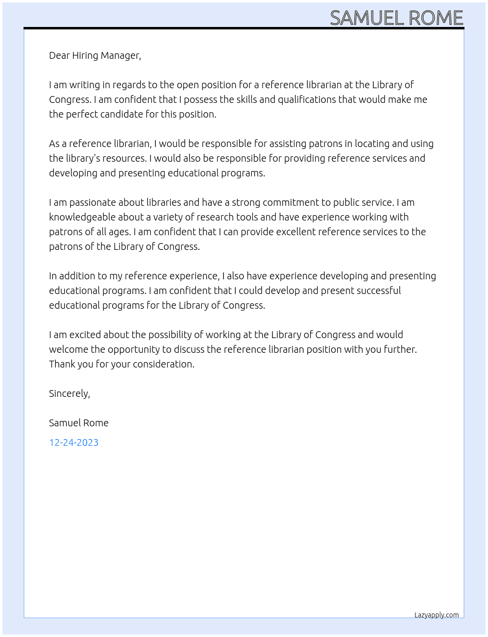 Reference Librarian At Library of Congress Cover Letter