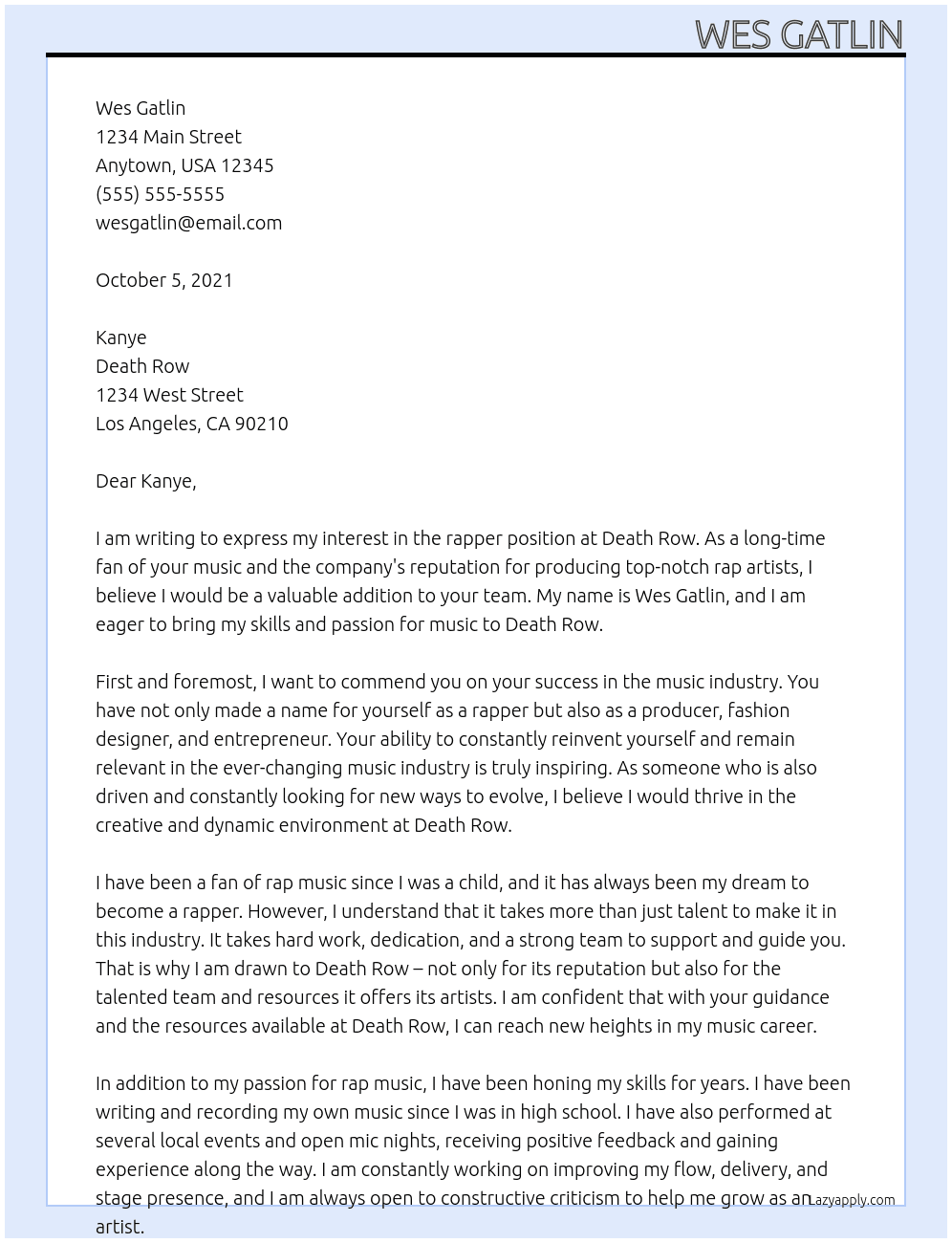 Rapper At Death Row Cover Letter