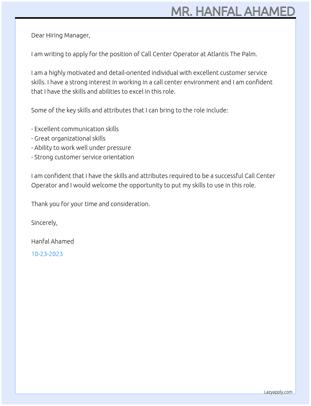 Call Center Operator At Atlantis The Palm Cover Letter