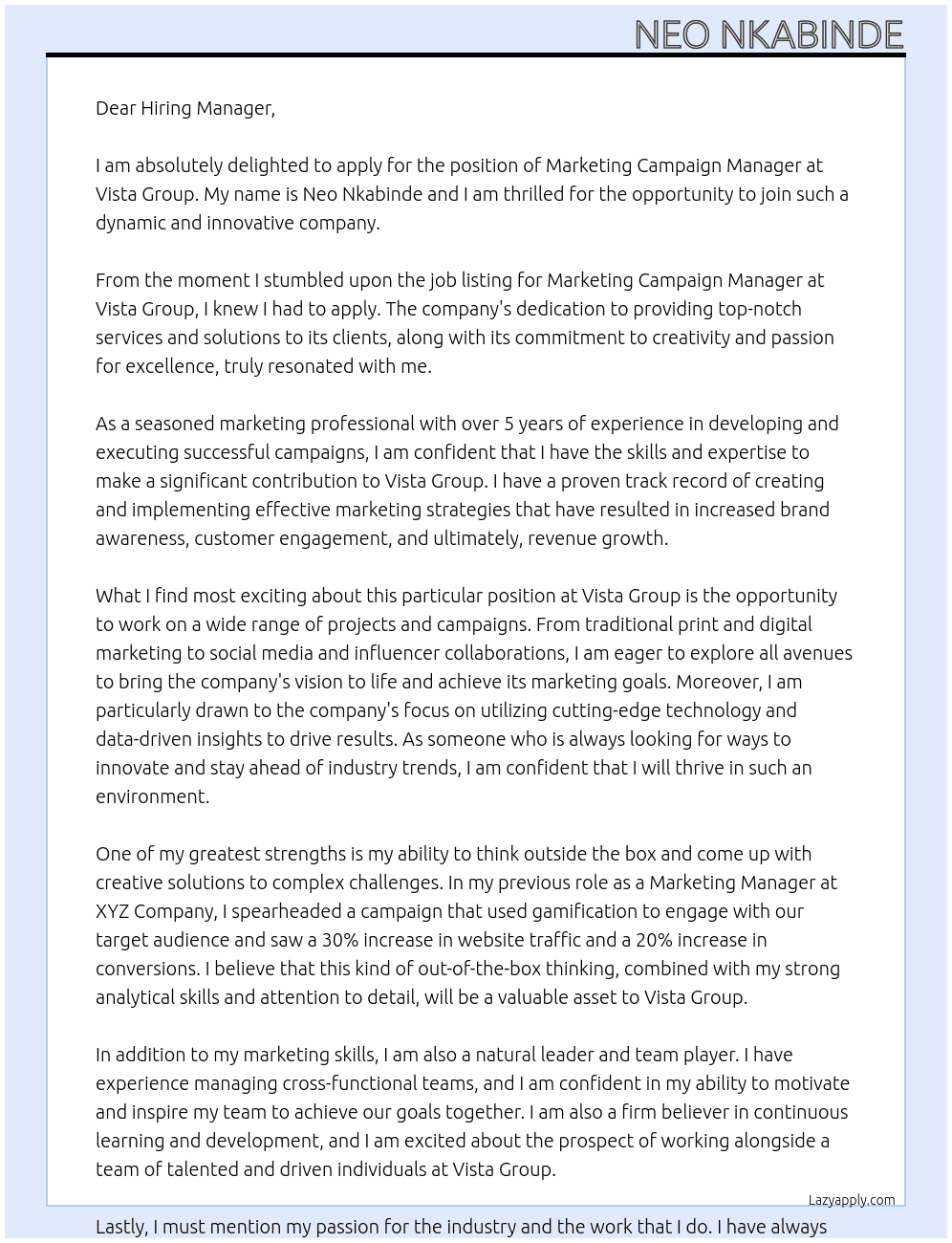 Marketing Campaign Manager At Vista Group Cover Letter