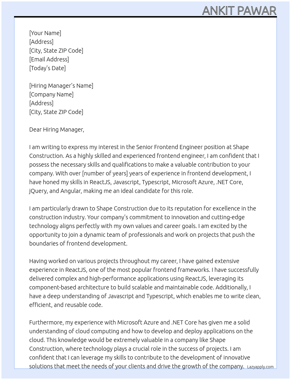 Senior Frontend Engineer At Shape Construction Cover Letter