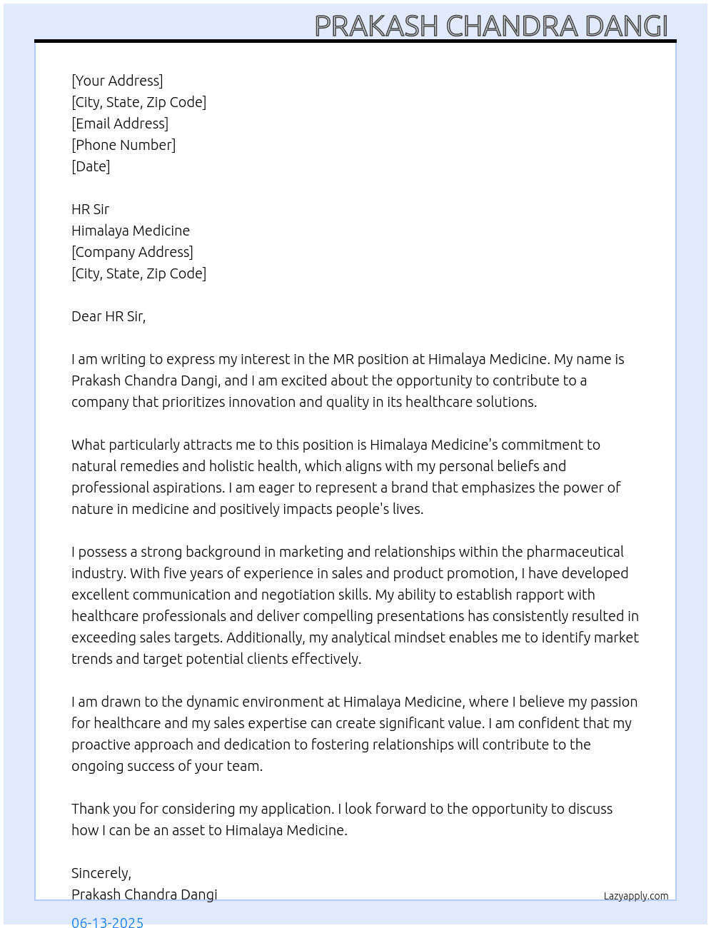 MR At Himalaya medicine  Cover Letter