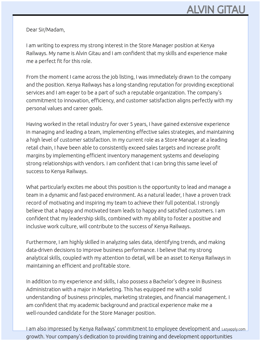 Store manager  At Kenya Railways Cover Letter