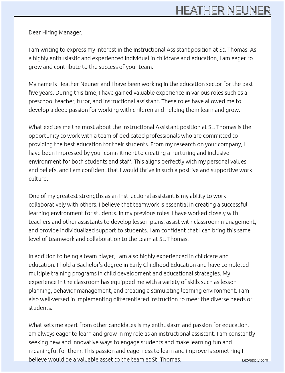 Instructional Assistant  At St. Thomas Cover Letter