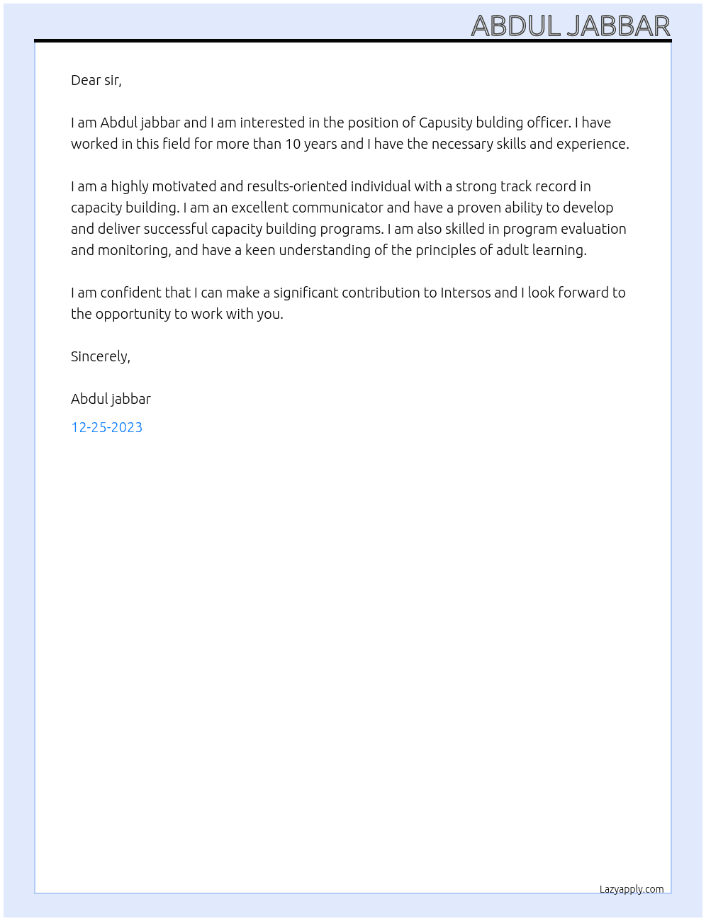 Capusity bulding officer At Intersos Cover Letter