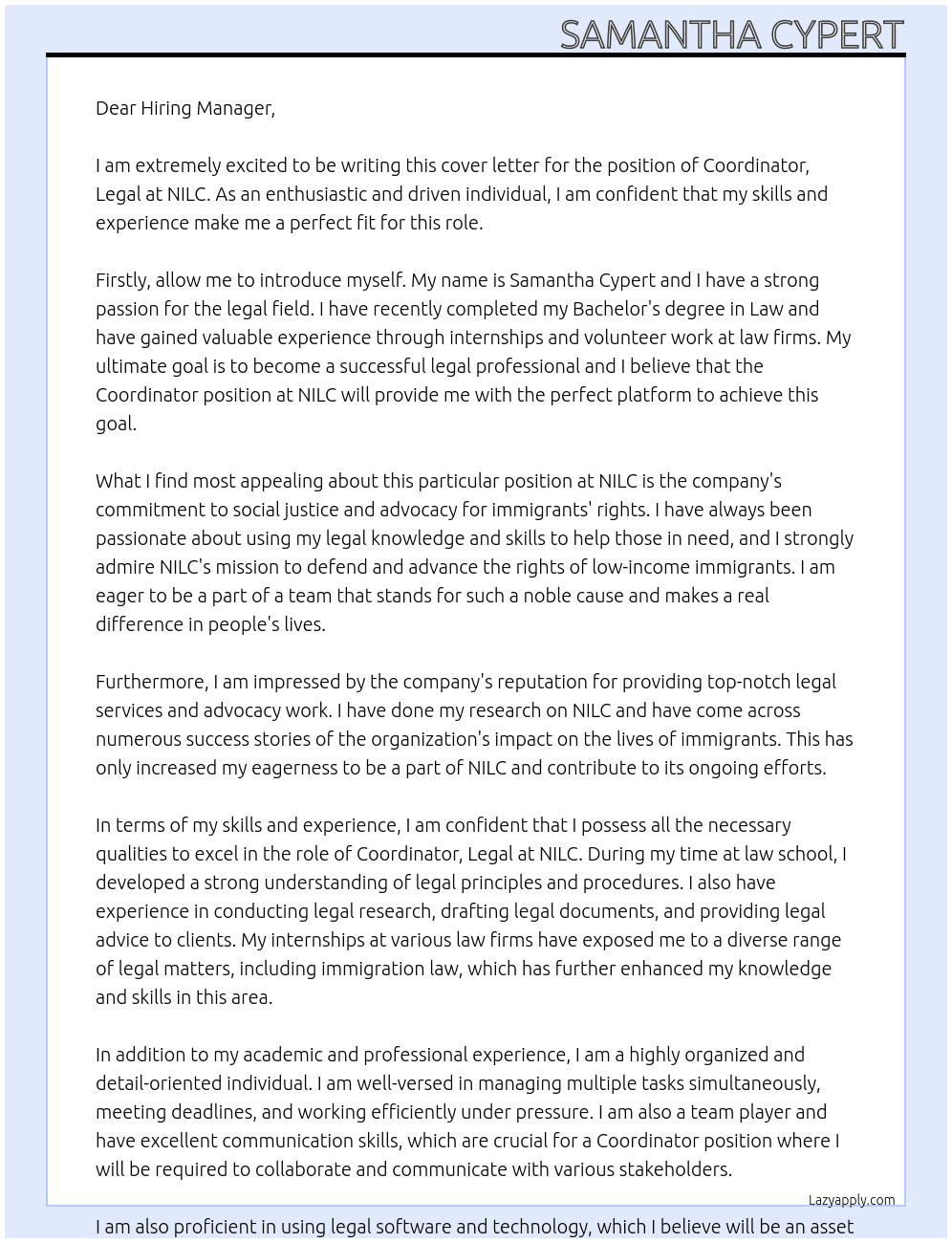 Coordinator, Legal At NILC Cover Letter