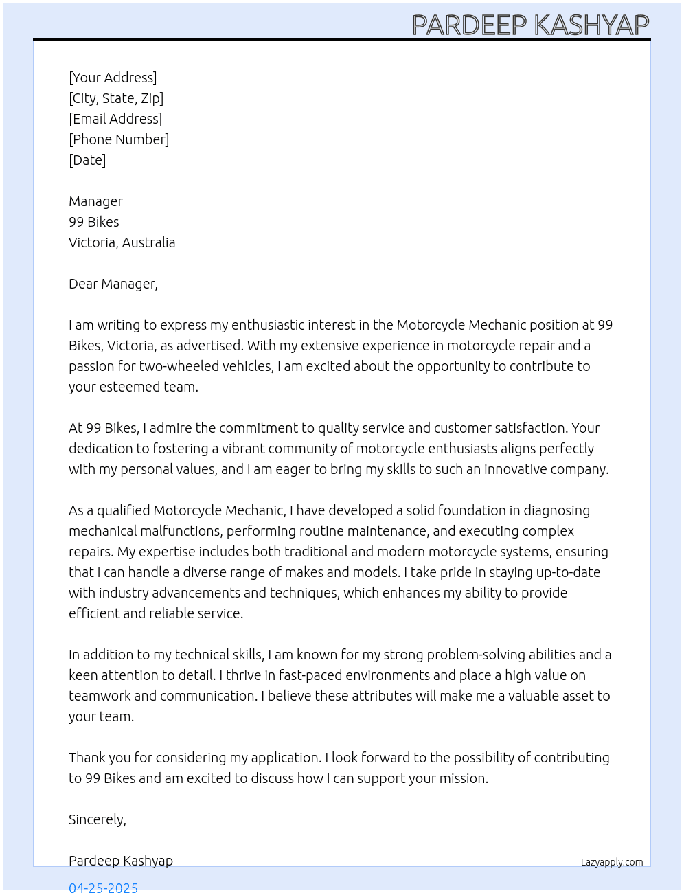 Motorcycle Mechanic At 99 Bikes - Victoria Cover Letter