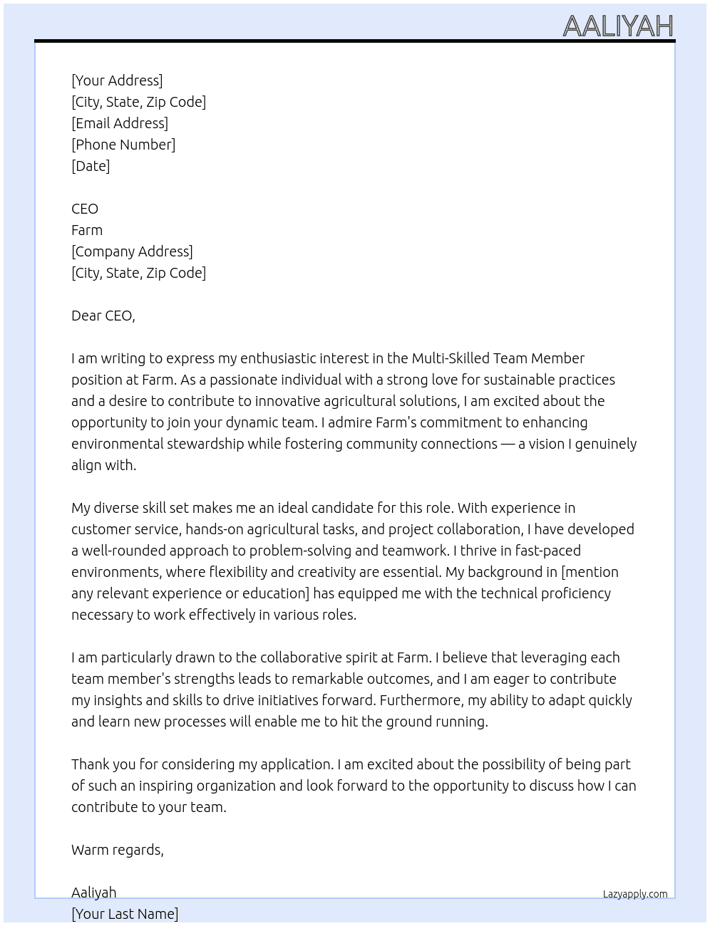 Cover letter for multi skilled team member - LazyApply