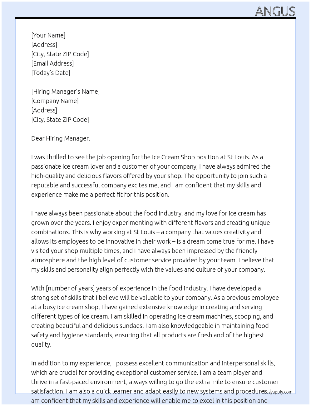 Ice cream shop At St Louis Cover Letter