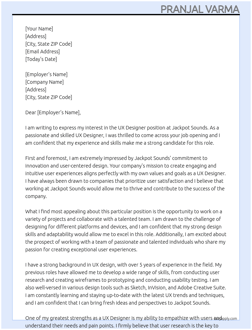 UX Designer At Jackpot Sounds Cover Letter