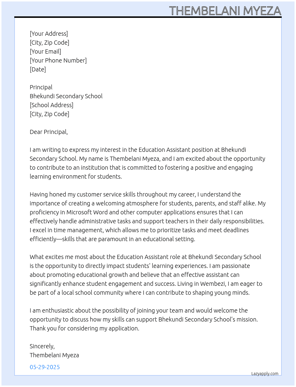 Education Assistant At Bhekundi Secondary School Cover Letter