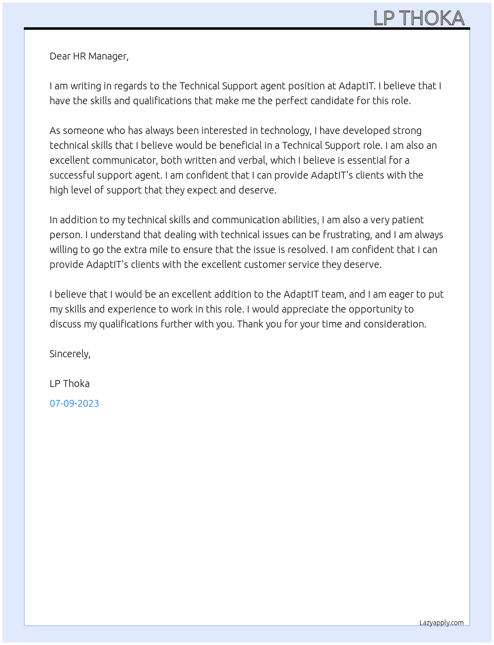 Technical Support agent At AdaptIT Cover Letter