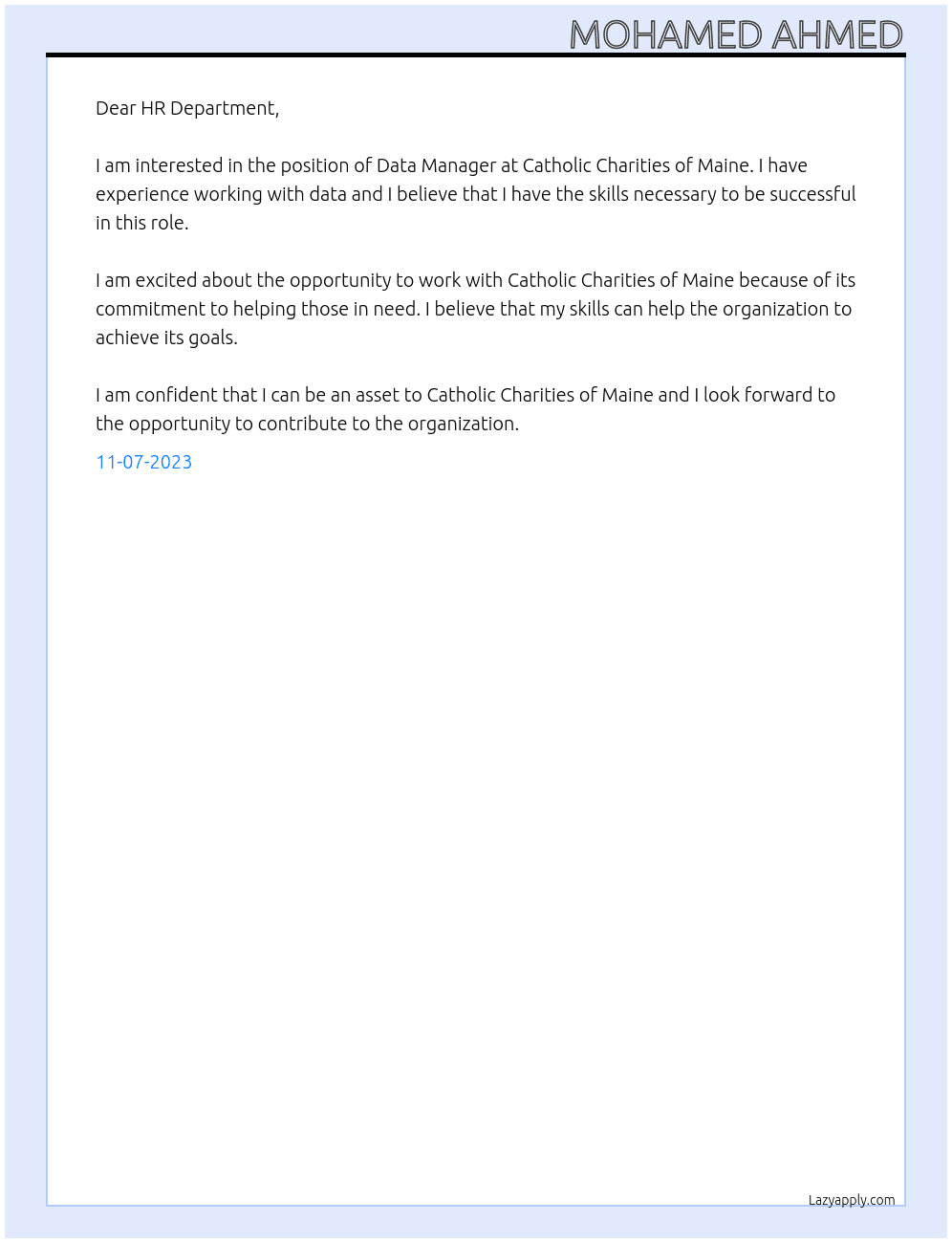 Data Manager At Catholic Charities of Maine Cover Letter