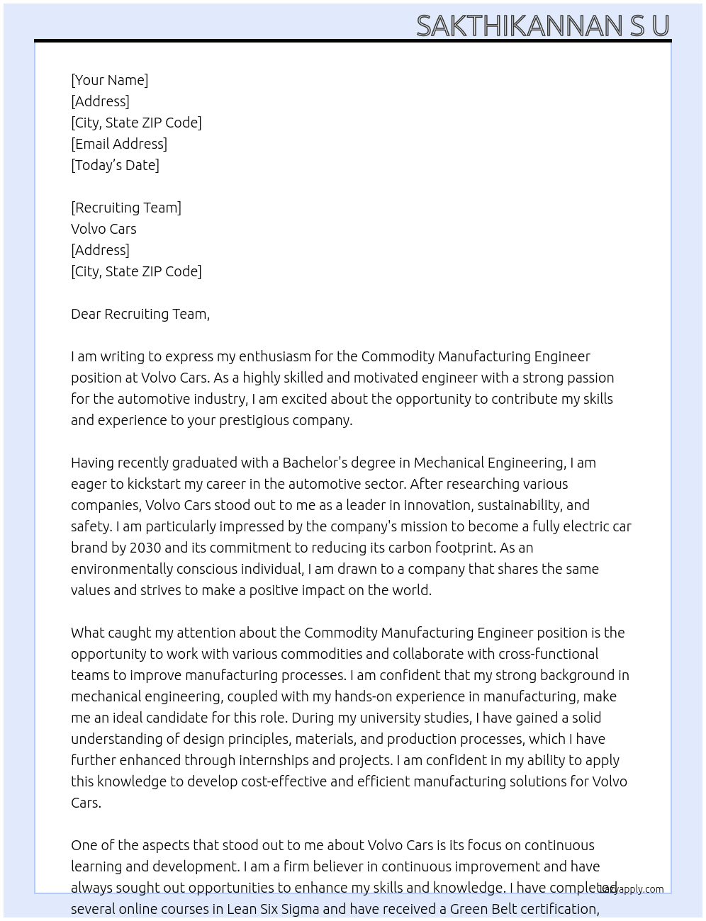  Commodity Manufacturing Engineer At Volvo Cars Cover Letter