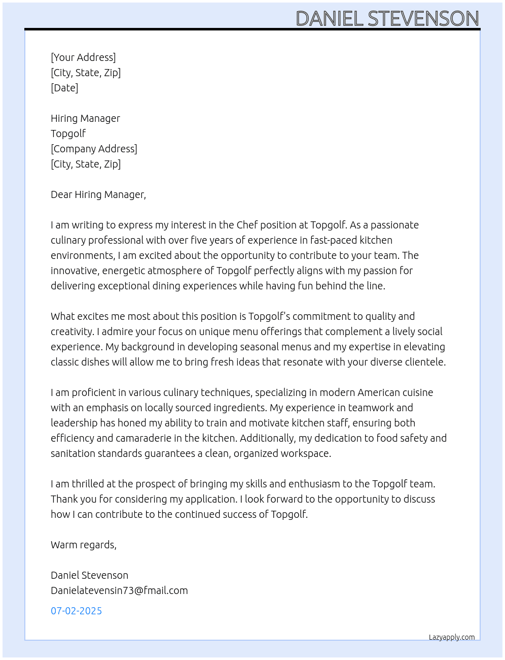 Chef At Top golf  Cover Letter
