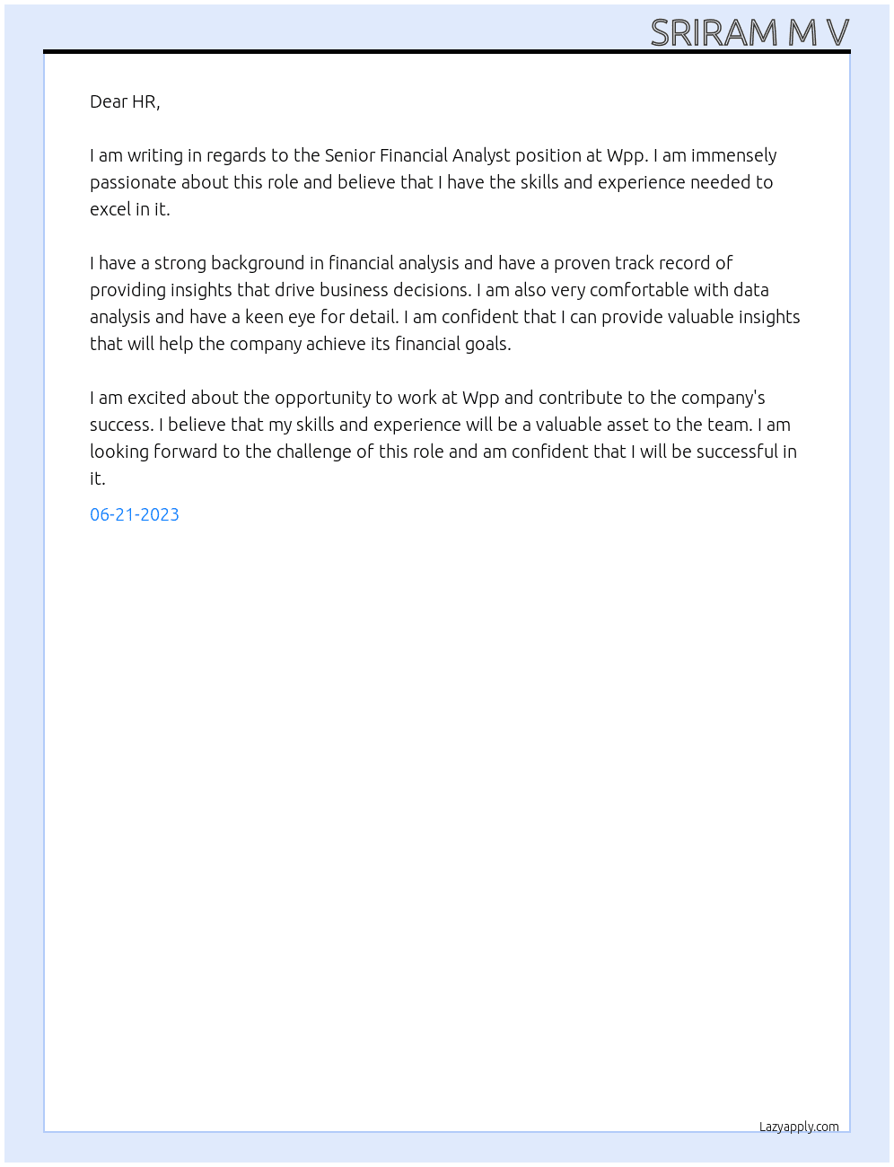 Senior financial analyst  At Wpp Cover Letter
