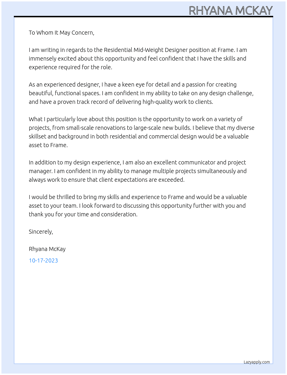 Residential Mid-Weight Designer At Frame  Cover Letter