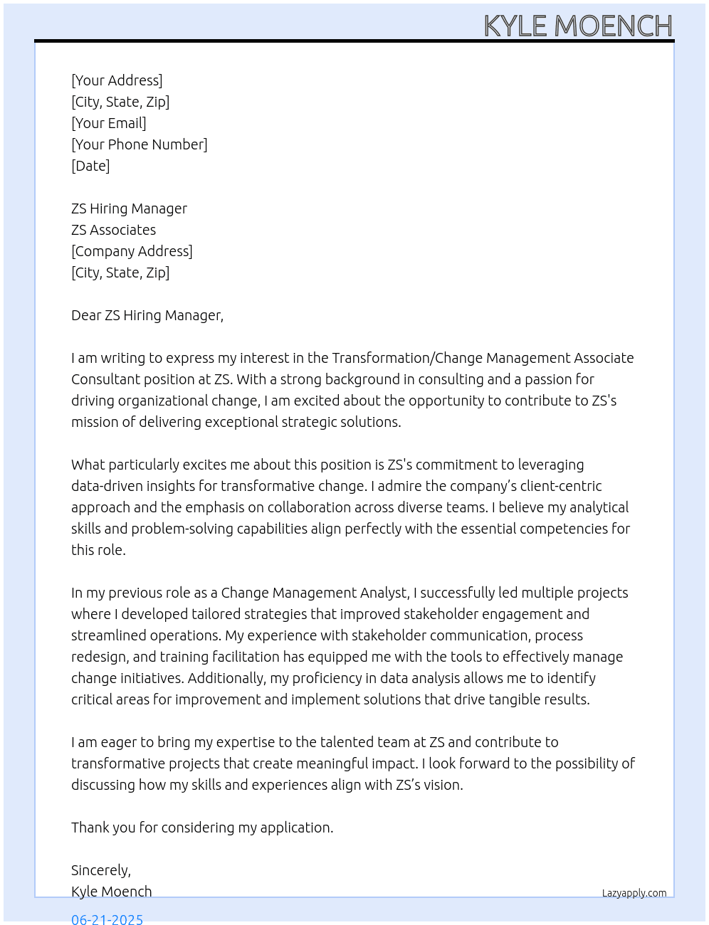 Transformation/Change Management Associate Consultant At ZS Cover Letter