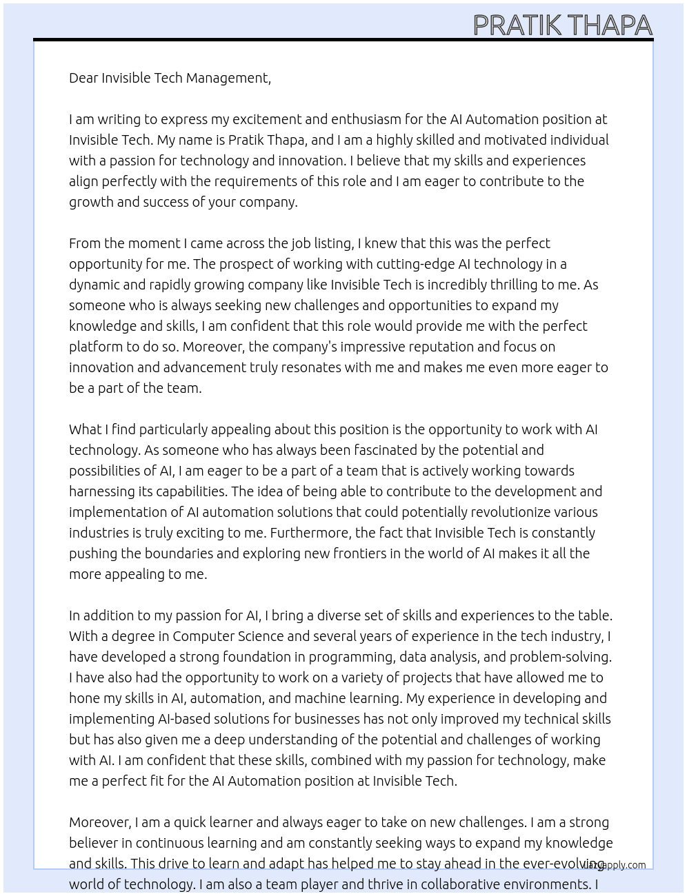 AI Automation At Invisible Tech Cover Letter