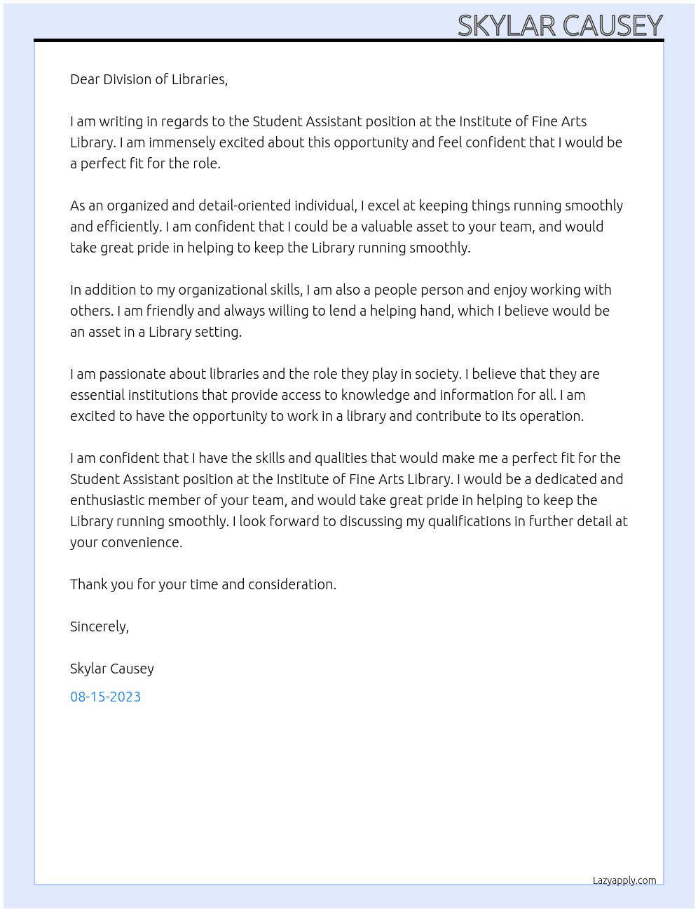 Student Assistant  At Institute of Fine Arts Library  Cover Letter