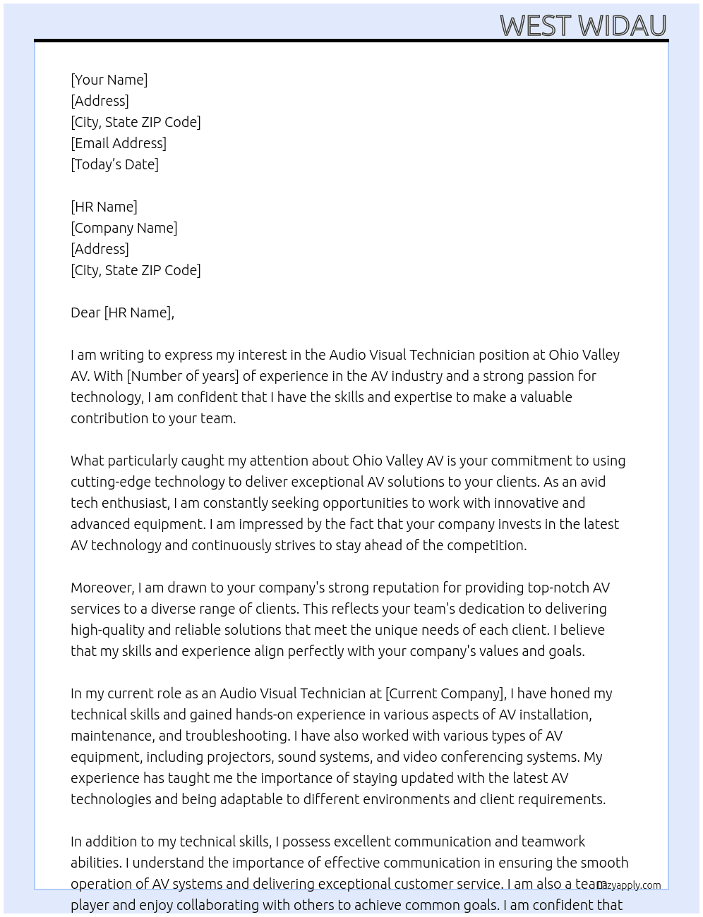 Audio Visual technician  At Ohio Valley AV Cover Letter