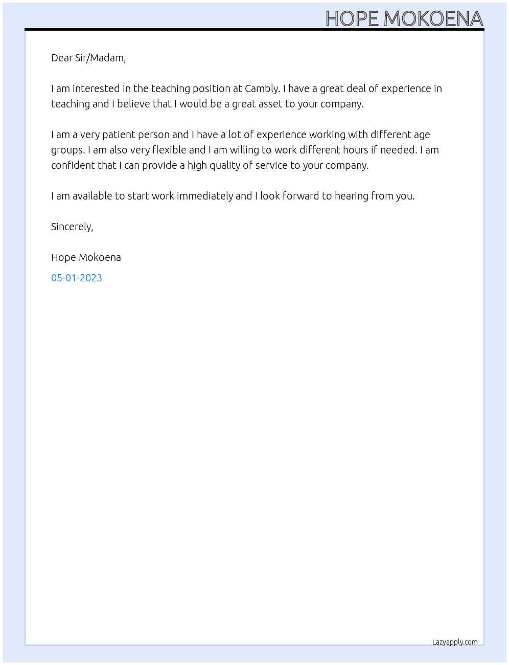 TEACHING At Cambly Cover Letter