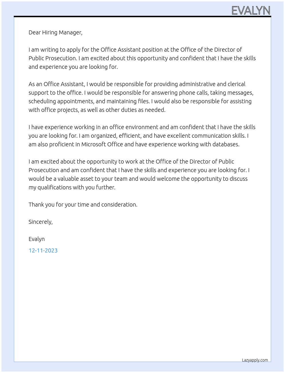 OFFICE ASSISTANT At OFFICE ODF DIRECTOR OF PUBLIC PROSECUTION Cover Letter