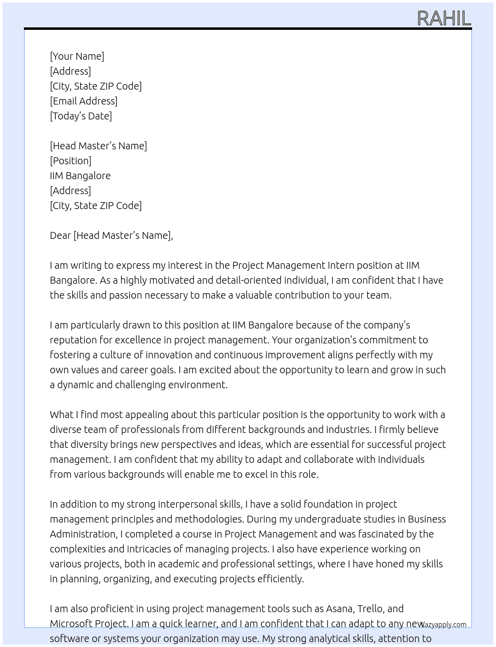 Project management intern At IIM Bangalore Cover Letter