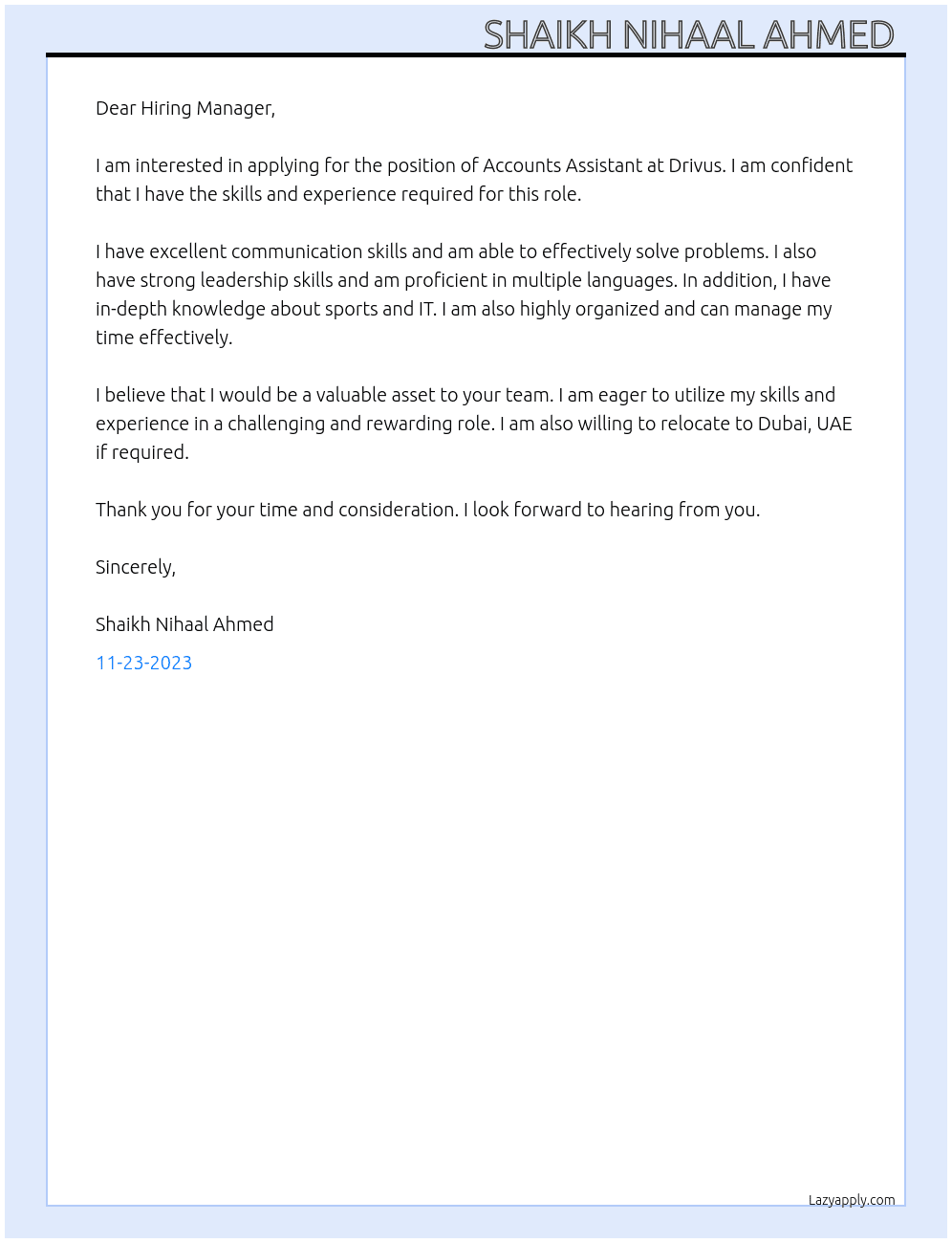 Accounts Assistant  At Drivus Cover Letter