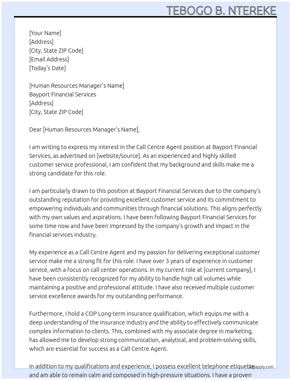 Call Centre Agent At Bayport Financial Services Cover Letter
