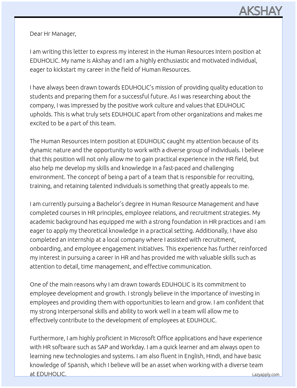 Human Resources Intern At EDUHOLIC Cover Letter