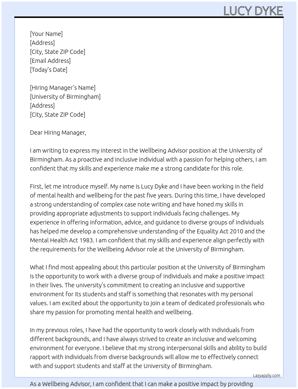 Wellbeing Advisor At University of Birmingham Cover Letter
