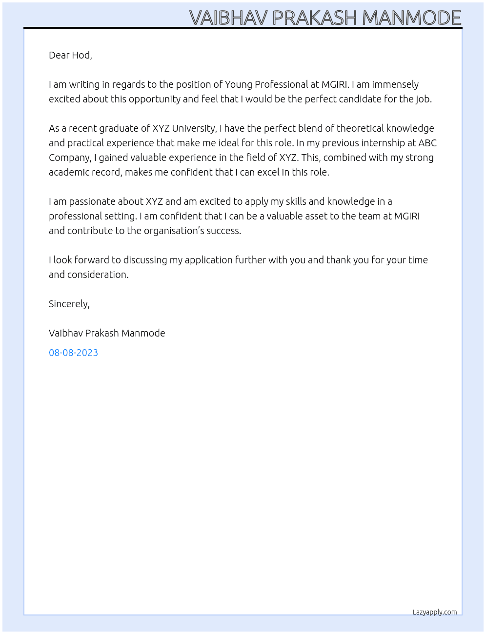 Young Professional  At MGIRI Cover Letter