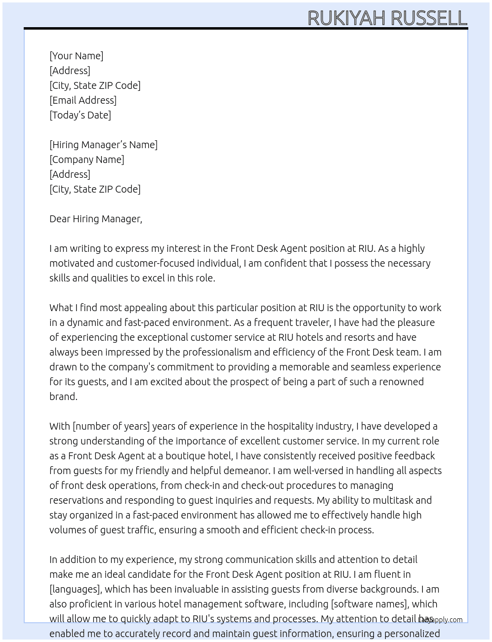 Front Desk Agent At RIU Cover Letter