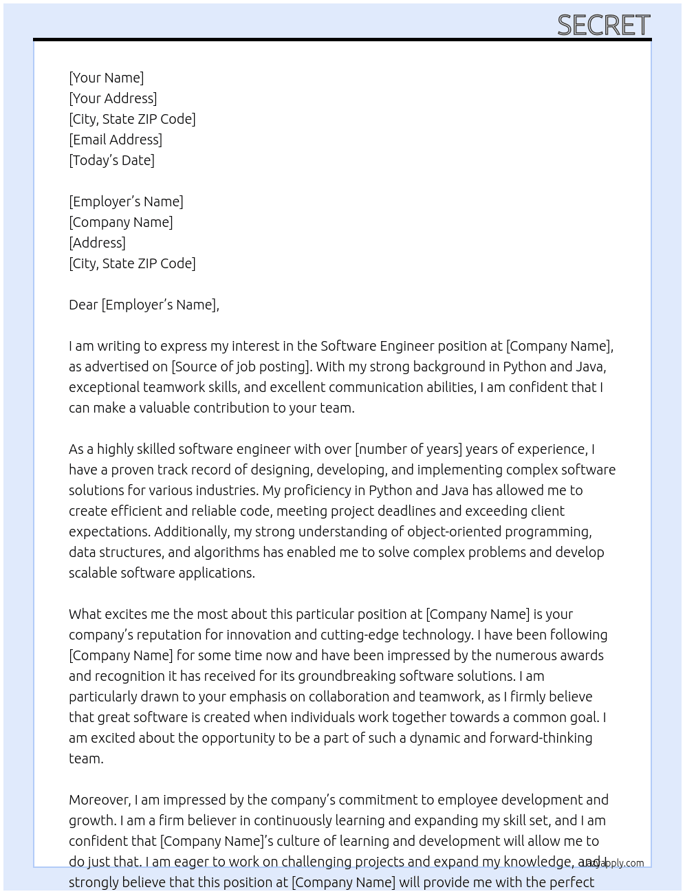 Software Engineer At Secret Cover Letter